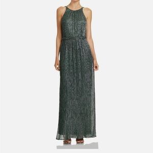 Halston Heritage Metallic Green Gold Halter Sleeveless Long Maxi Dress